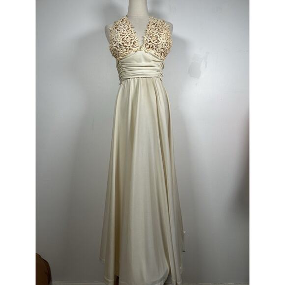 VTG Lilli Diamond of California Long Maxi Dress Gown Lace Halter Size Small 80s - Picture 1 of 10